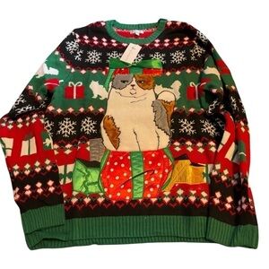 Ugly Christmas Sweater Cat Men’s XL NEW Black Red Green